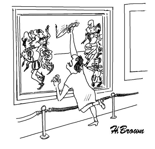 People in a painting run away from a vandal.