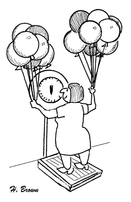 Woman using balloons to try and lighten her weight.