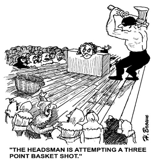 'The Headsman is attempting a three point basket shot.'