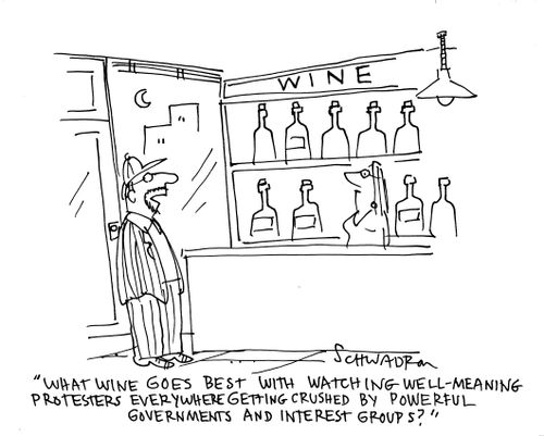 'What wine goes best with watching well-meaning protesters everywhere getting crushed by powerful governments and interest groups?'