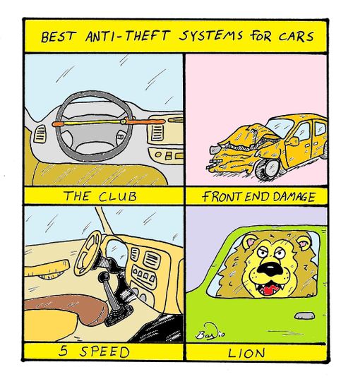 Best anti-theft systems for cars . . . The Club, Front End Damage, 5 speed, and Lion.