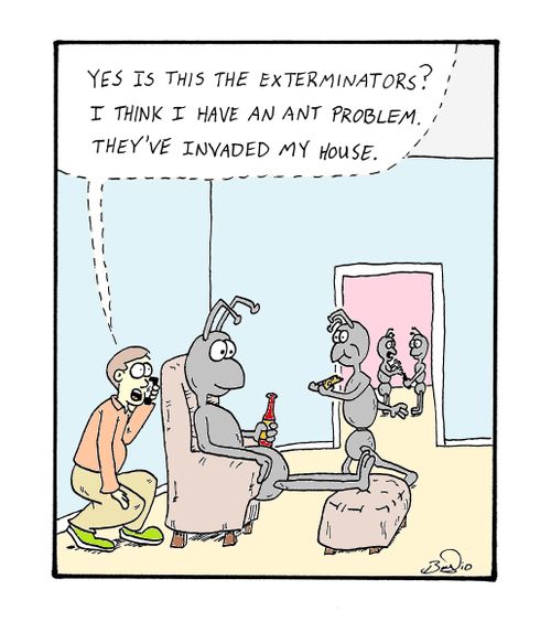 'Yes is this the exterminators?  I think I have an ant problem.  They've invaded my house.'