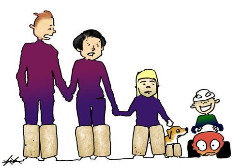 Family wearing shin guards to protect against the kid in a play car.