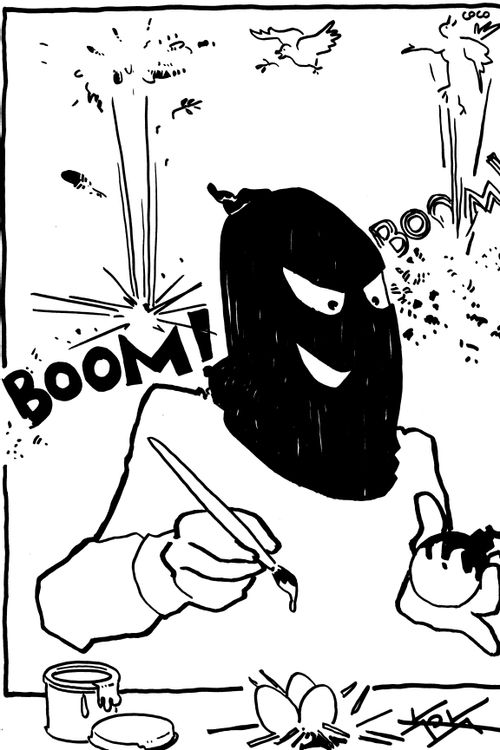 Masked man paints grenade to resemble eggs so that doves will act as bombers.