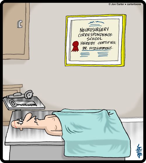 Neurosurgery correspondence school diploma on the wall of a surgery center.