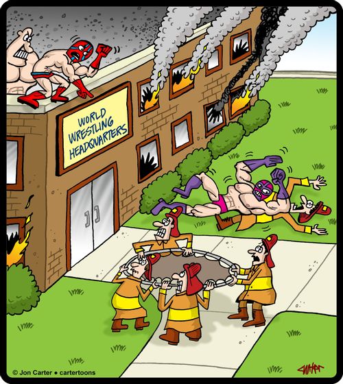 Wrestlers versus firemen at the scene of a fire.