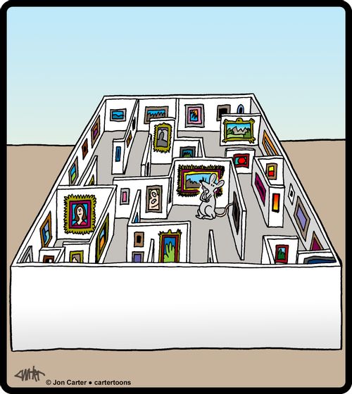 Mouse in an art museum maze.