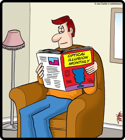 Man blending in to his chair is reading Optical Illusion Monthly magazine.
