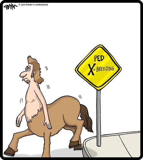 Centaur walks by a 'Ped X-Breeding' sign on the sidewalk.
