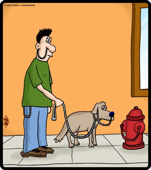 Man has chains on him, along with his pet dog and a fire plug.