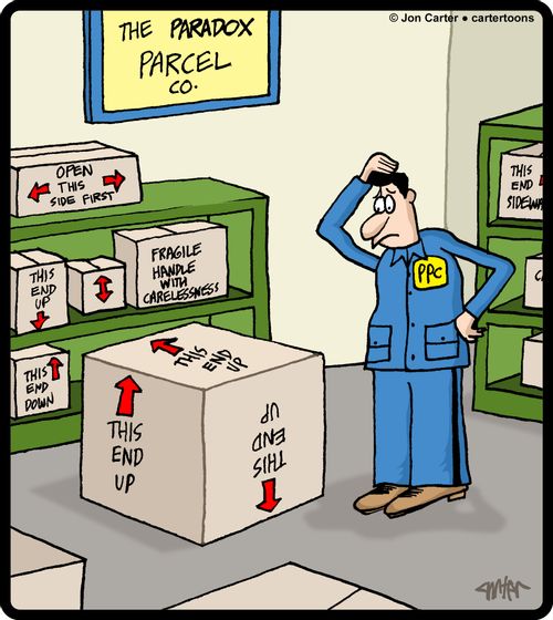 Worker is confused at the Paradox Parcel Company.