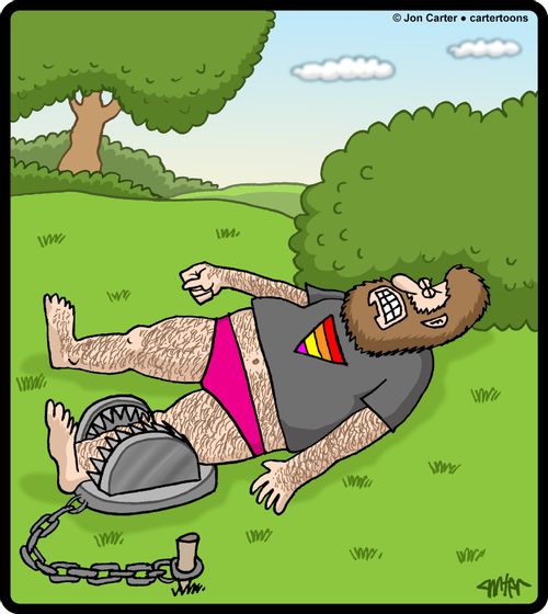 Large, hairy gay man is caught in a 'bear' trap.