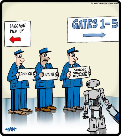 Chauffeurs are holding up signs. One has a sign with binary code on it for a robot passenger.