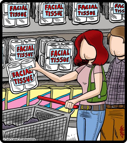 Couple with butts for faces buy facial tissue, which is actually toilet paper, at the market.