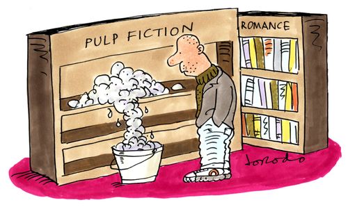 Pulp fiction on bookshelf dripping into bucket.