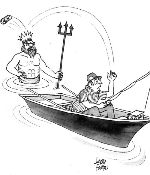 Littering Fisherman hits Neptune on the head with his beer can.