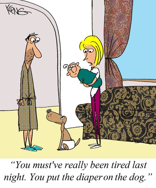 'You must've really been tired last night. You put the diaper on the dog.'