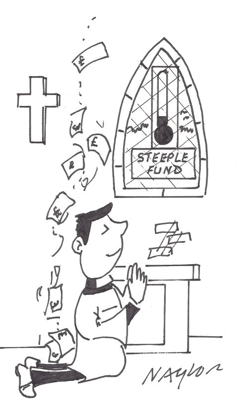 Vicar prays for money for church repairs.