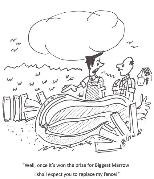 'Well, once it's won the prize for Biggest Marrow I shall expect you to replace my fence!'