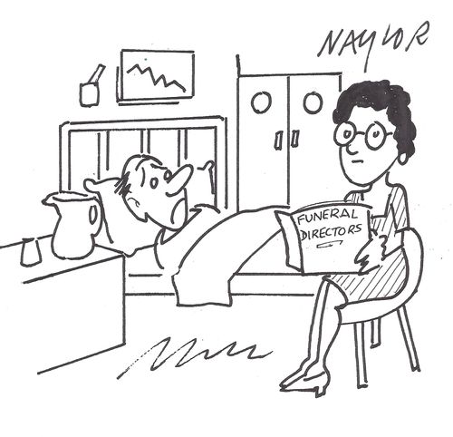 A wife is reading about funeral directors at her husband's hospital bedside.
