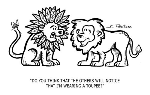 'Do you think that the others will notice that I'm wearing a toupee?'