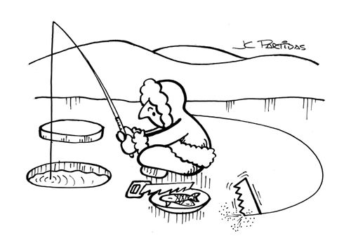 Eskimo fishing while a saw opens a hole around him.
