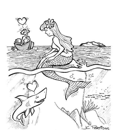 A mermaid is on a rock at the sea: A mermaid falls in lover with her upper half and a shark falls in lover with her lower half.