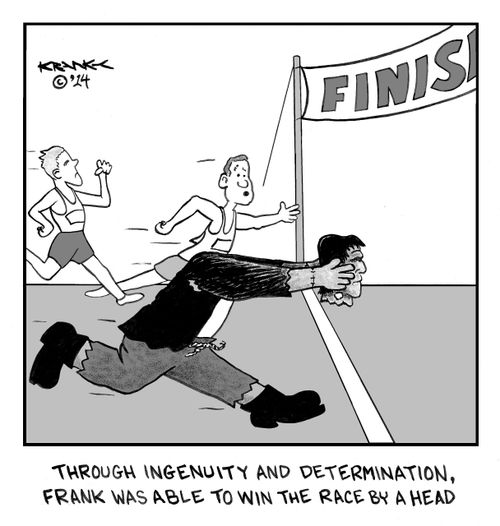 Through ingenuity and determination, Frank was able to win the race by a head.