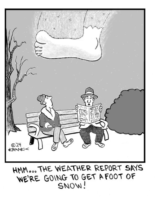 'Hmm... The weather report says we're going to get a foot of snow!'
