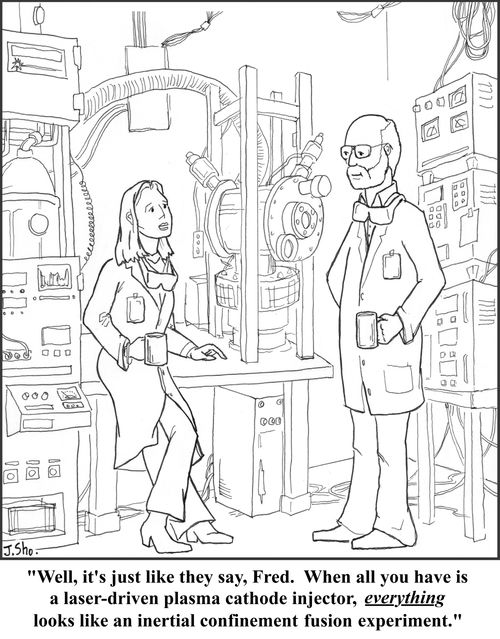 'Well, it's just like they say, Fred. When all you have is a laser-driven plasma cathode injector, everything looks like an inertial confinement fusion experiment.'