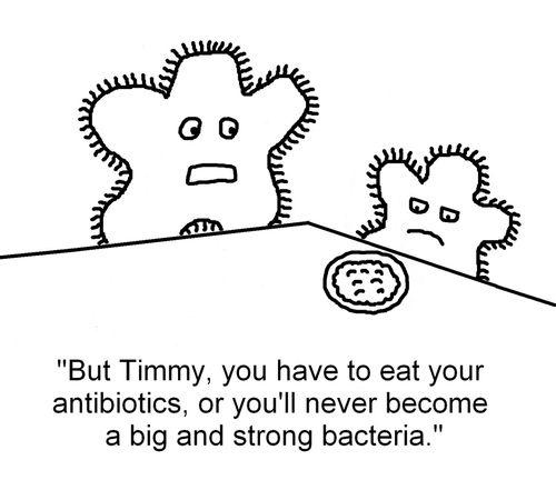 'But Timmy, you have to eat your antibiotics, or you'll never become a big and strong bacteria.'