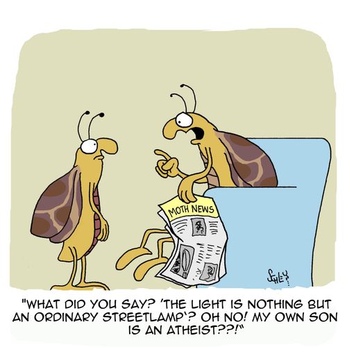 'What did you say? 'The light is nothing but an ordinary streetlamp'? Oh no! My own son is an atheist??!'