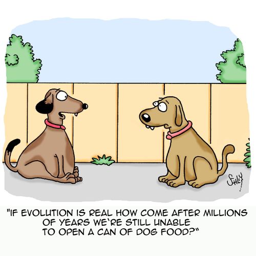 'If evolution is real how come after millions of years we're still unable to open a can of dog food?'