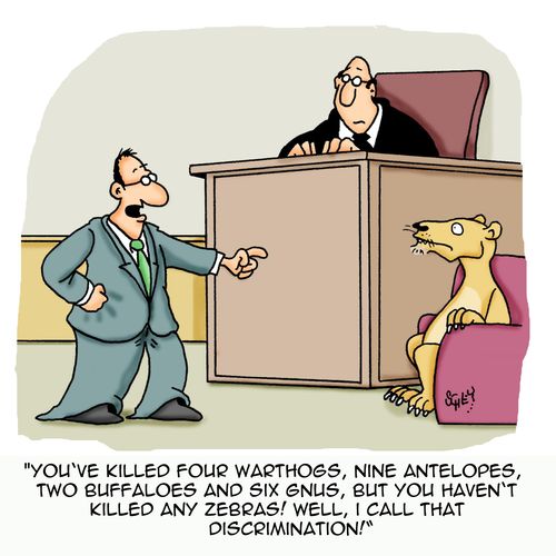 'You've killed four warthogs, nine antelopes, two buffaloes and six gnus, but you haven't killed any zebras! Well, I call that discrimination!'