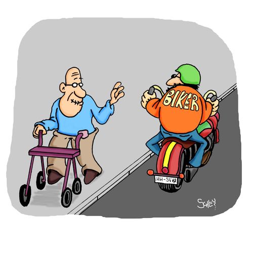 Old man with walking aid greets a biker.