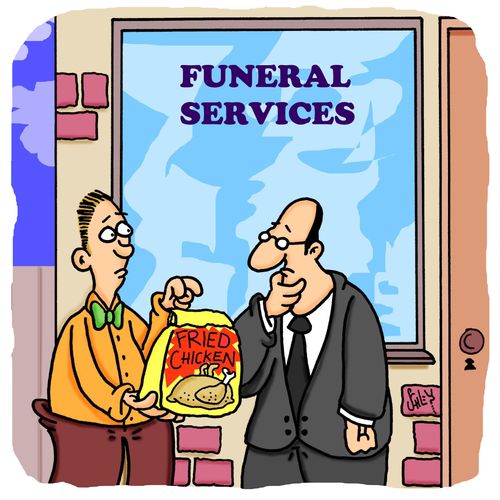 Guy comes to a funeral service with a bag of fried chicken.