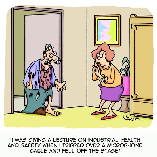 'I was giving a lecture on industrial health and safety when I tripped over a microphone cable and fell off the stage!'