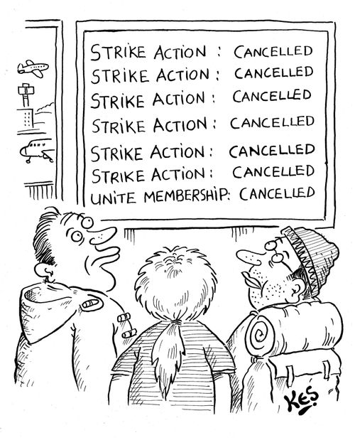 People at airport look at information board showing strike action and union membership cancelled.