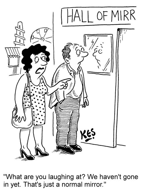 'What are you laughing at? We haven't gone in yet. That's just a normal mirror.'