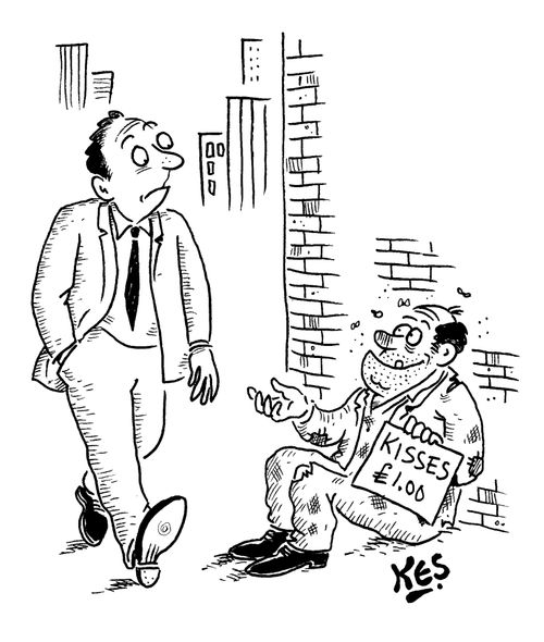 A man sees a beggar with a sign, offering kisses for £1.00.