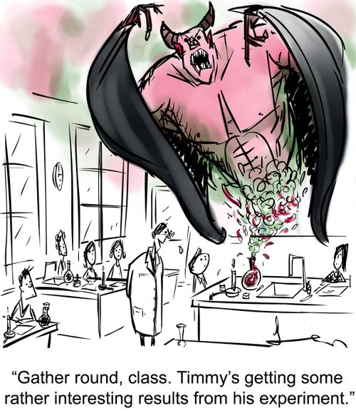 'Gather round, class. Timmy's getting some rather interesting results from his experiment.'