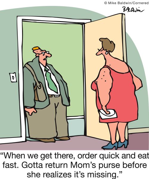'When we get there, order quick and eat fast. Gotta return Mom's purse before she realizes it's missing.'