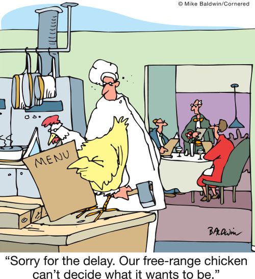 'Sorry for the delay. Our free-range chicken can't decide what it wants to be.'