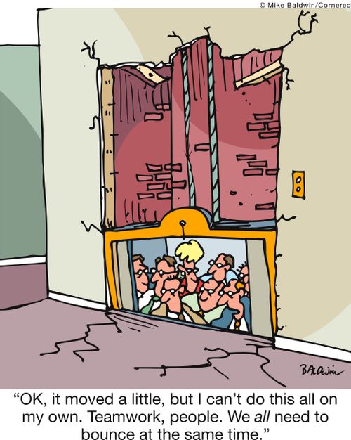'OK, it moved a little, but I can't do this all on my own. Teamwork, people. We all need to bounce at the same time.'