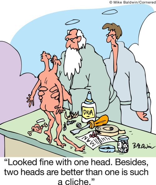 'Looked fine with one head. Besides, two heads are better than one is such a cliche.'