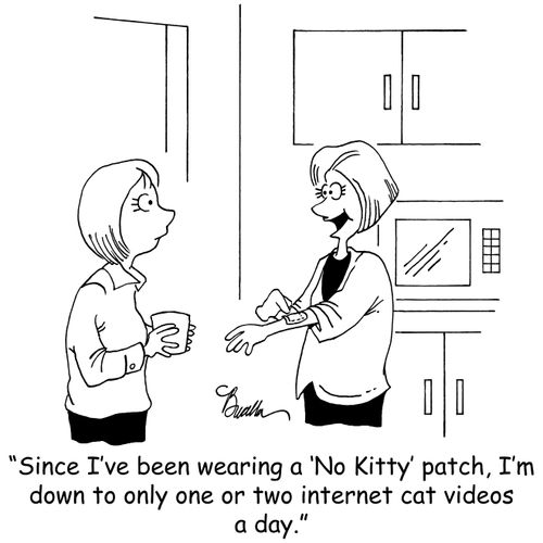 'Since I've been wearing a 'No Kitty' patch, I'm down to only one or two internet cat videos a day.'