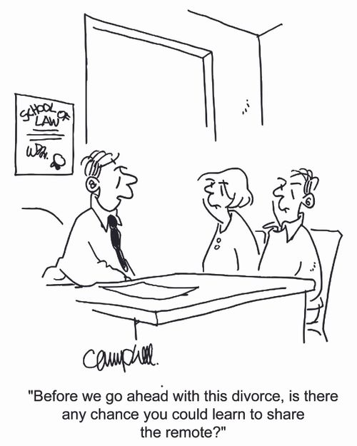 'Before we go ahead with this divorce, is there any chance you could learn to share the remote?'