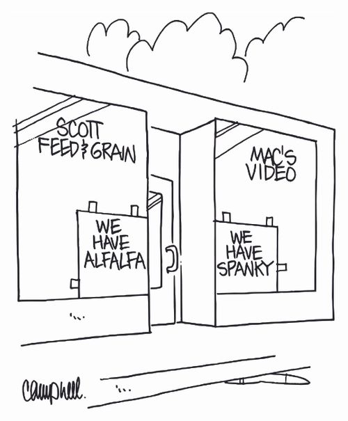 Scott Feed and Grain window has sign: 'We have Alfalfa' and Mac's Video window has sign: 'We have Spanky'.