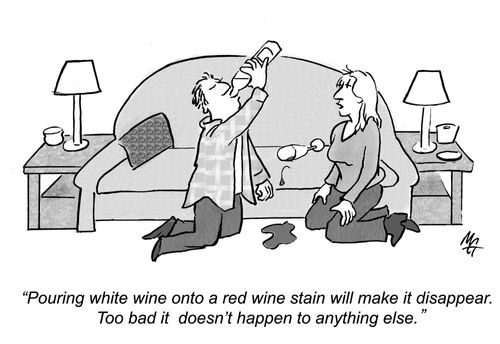 Pouring white wine onto a red wine stain will make it disappear. Too bad it doesn't happen to anything else.'