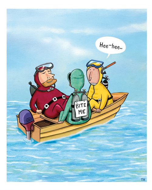 Divers attache BITE ME sign to companion's oxygen tanks.